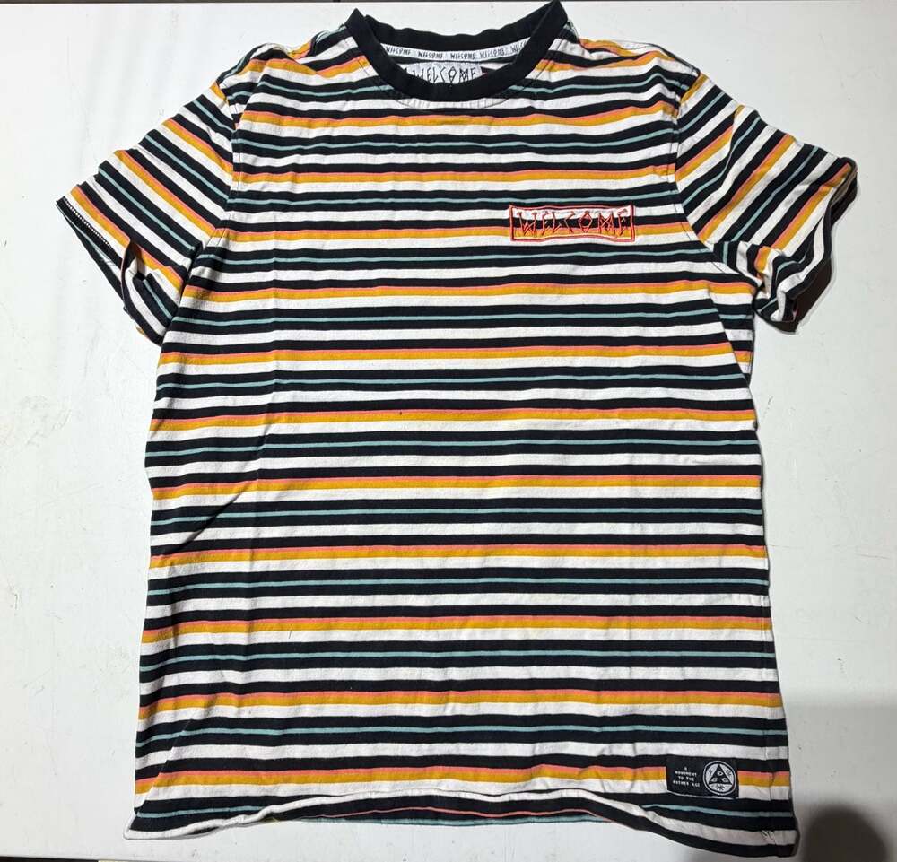 Welcome Skateboards Striped Embroidered Logo T-Shirt Size S